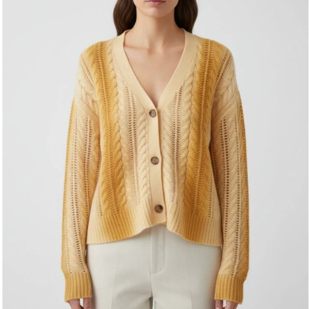 Naadam Cashmere Lofty Cable Knit Cardigan Yellow Ombre V-Neck L